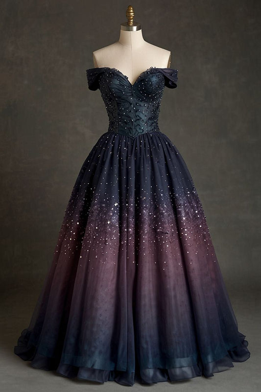 NiceVestidos-Gradient Long Star-Patterned Tulle Ball Gown, Sparkling NV6158