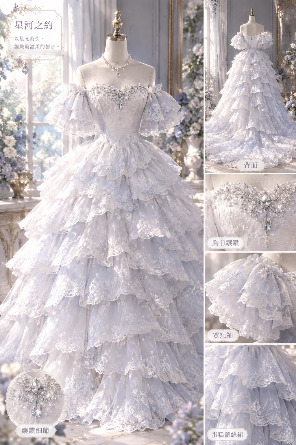 Ice Blue Sweetheart Rhinestone Tiered Lace Cake Prom Dress, Off Shoulder Ruffle Sleeve Ball Gown  NV7452