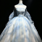 Strapless Sky Blue Cloud Print Tulle Prom Dress Beaded Bodice Detachable Puff Sleeve Princess Ball Gown  NV6992