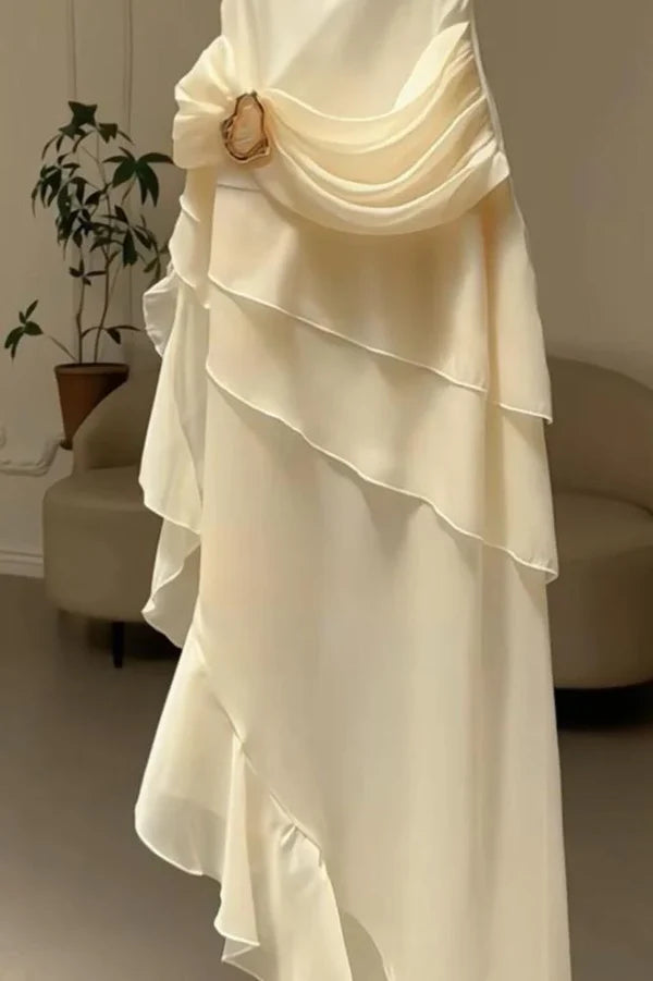 Elfenbeinweißes Vintage Spaghettiträger Langes Chiffon Ballkleid Abendkleid Partykleid nv4161