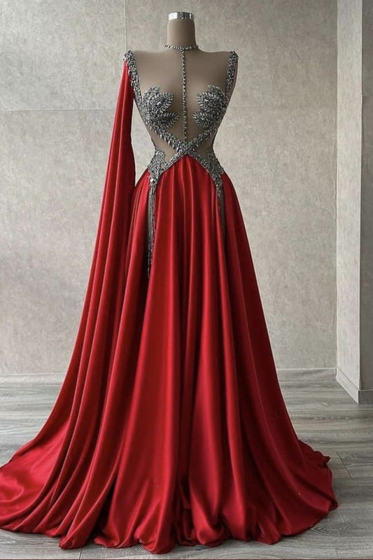 NiceVestidos-Red, Delicately Beaded, Long Satin Formal Dress NV6138