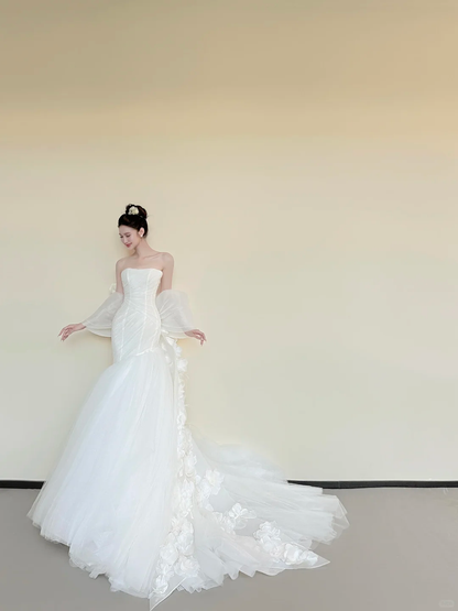 Strapless 3D Floral Tulle Mermaid Wedding Dress with Detachable Sleeves  NV7435