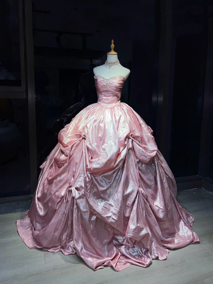Strapless Shimmer Pink Prom Dress Vintage Satin Ruched Rhinestone Bow Ball Gown  NV7053