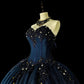 Navy Blue Gorgeous Exquisite Beaded Floral Long Tulle Ball Gown Evening Dress nv4379