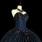 Navy Blue Gorgeous Exquisite Beaded Floral Long Tulle Ball Gown Evening Dress nv4379