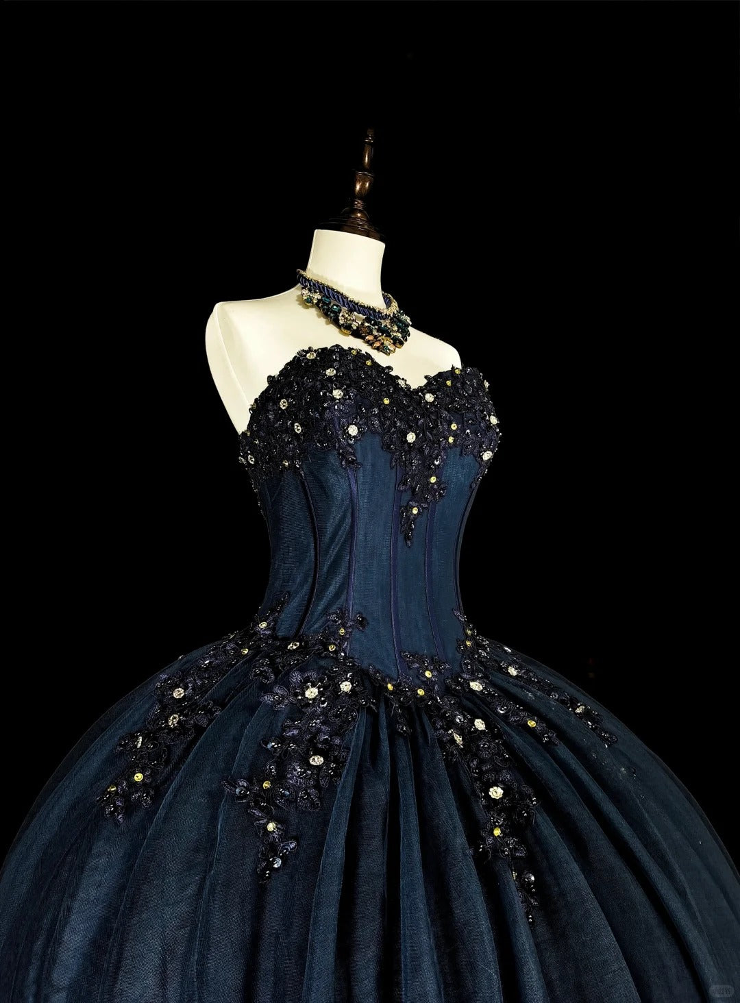 Navy Blue Gorgeous Exquisite Beaded Floral Long Tulle Ball Gown Evening Dress nv4379