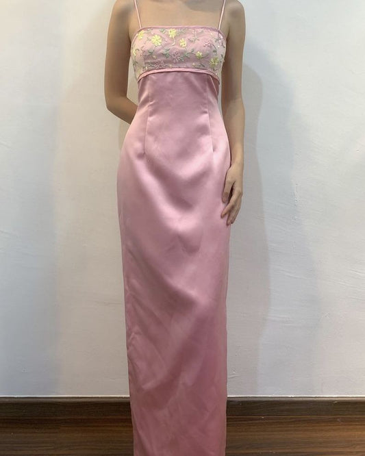 NiceVestidos--Pink Floral Long/Short Satin Prom Dress Nv5599