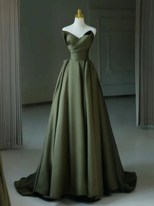 Robe de bal longue en satin vert à col en V et coupe trapèze, robe de soirée longue verte nv1604