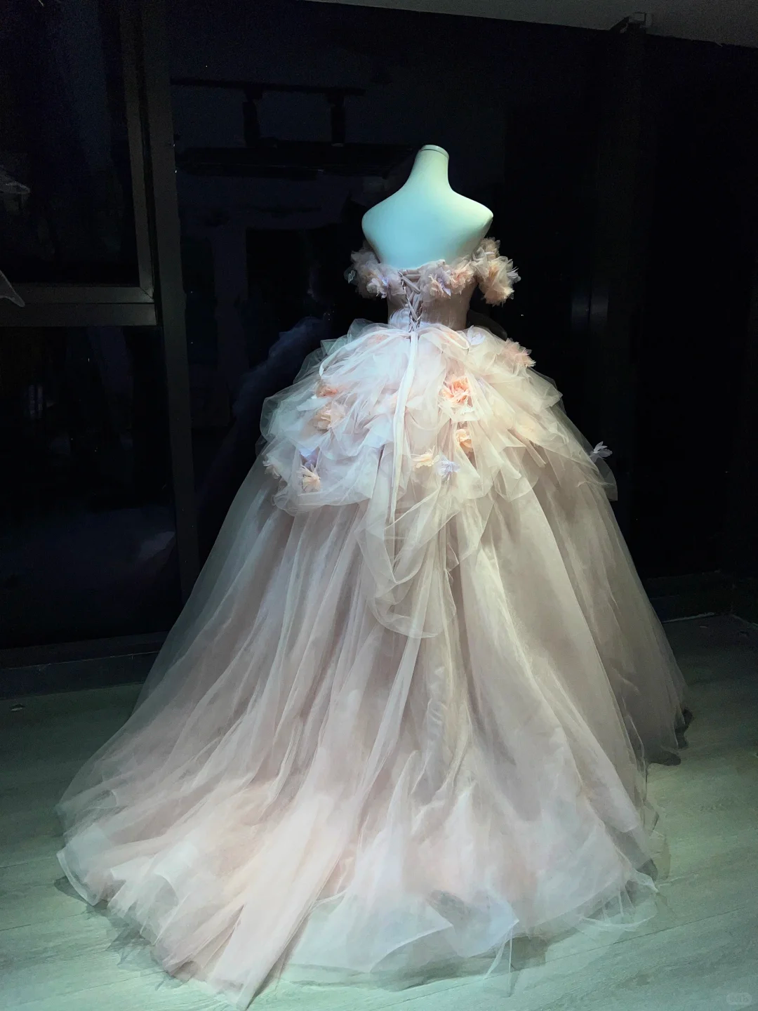 Off Shoulder Blush Pink Prom Dress 3D Floral Corset Layered Tulle Princess Ball Gown  NV7054