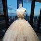 Strapless Champagne Blush Prom Dress 3D Flower Beaded Lace Tulle Princess Ball Gown  NV7056