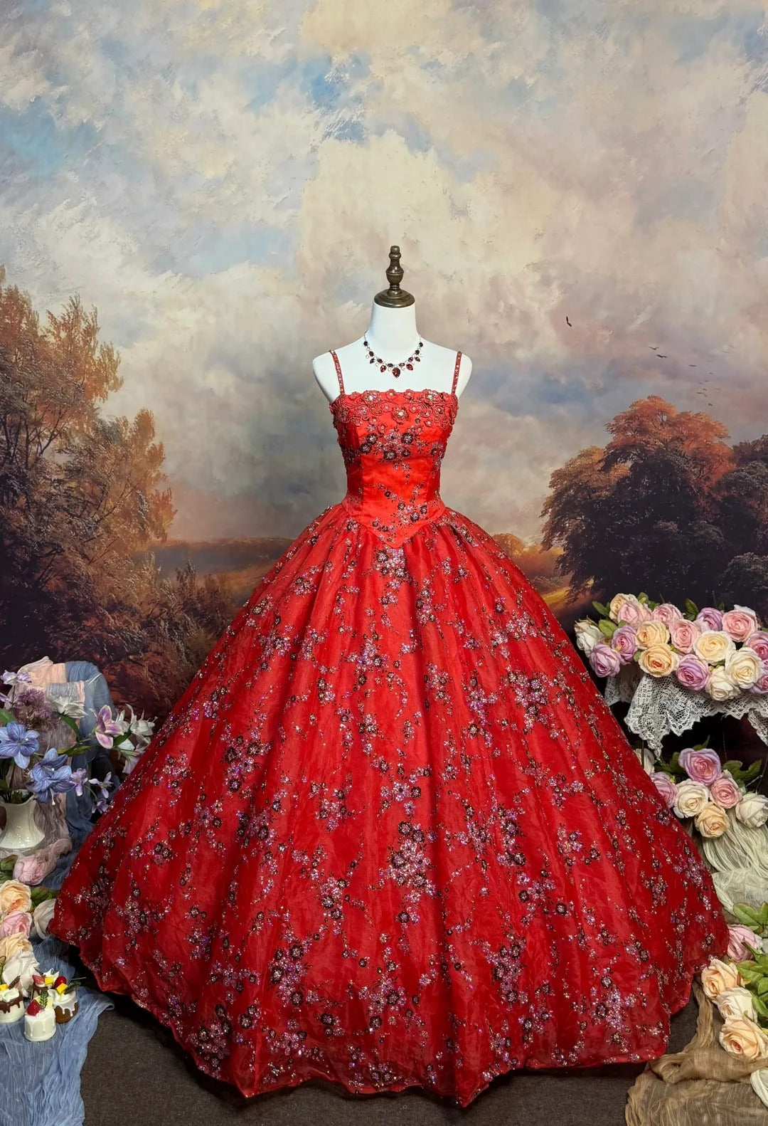 Rotes Vintage-Ballkleid aus Satin mit Blumenmuster und Perlen, lang, nv5144