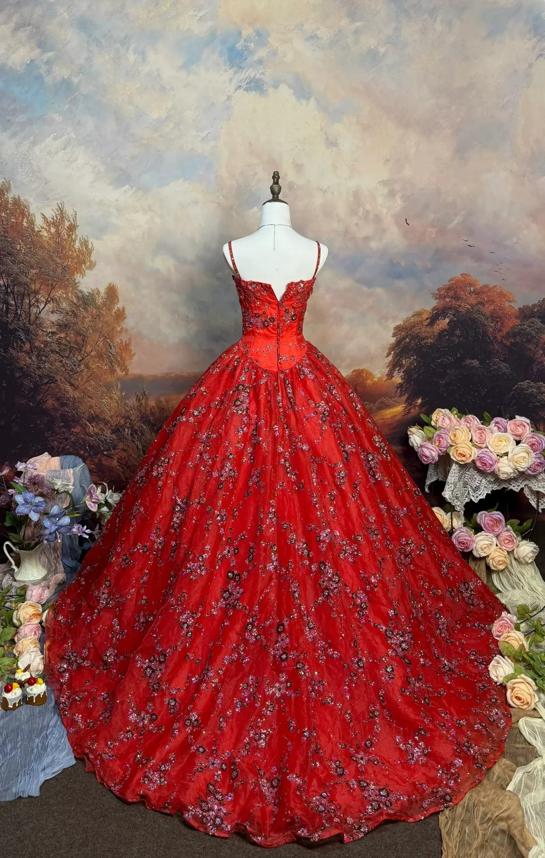 Rotes Vintage-Ballkleid aus Satin mit Blumenmuster und Perlen, lang, nv5144