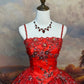 Rotes Vintage-Ballkleid aus Satin mit Blumenmuster und Perlen, lang, nv5144