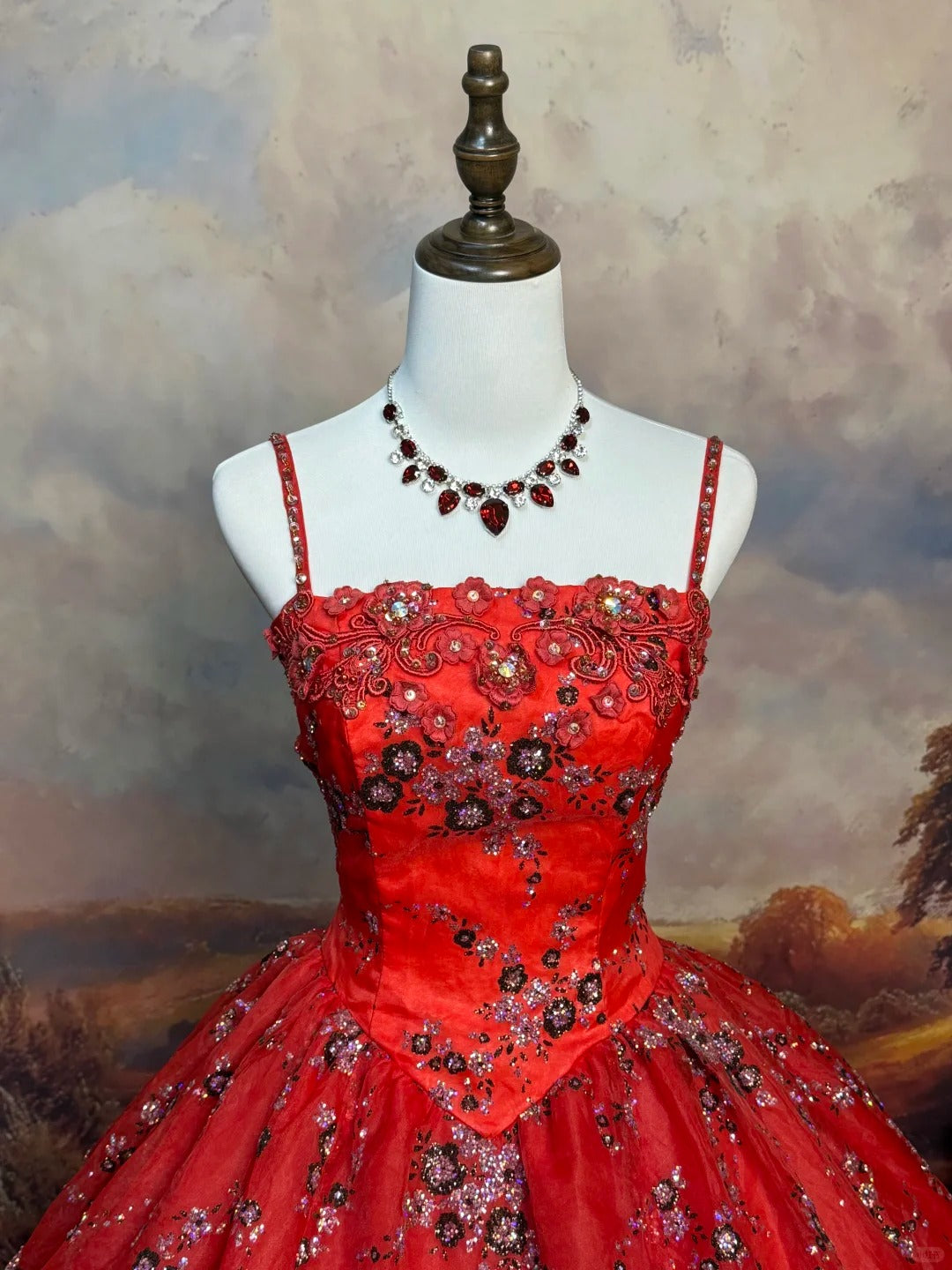 Rotes Vintage-Ballkleid aus Satin mit Blumenmuster und Perlen, lang, nv5144