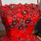 Rotes Vintage-Ballkleid aus Satin mit Blumenmuster und Perlen, lang, nv5144
