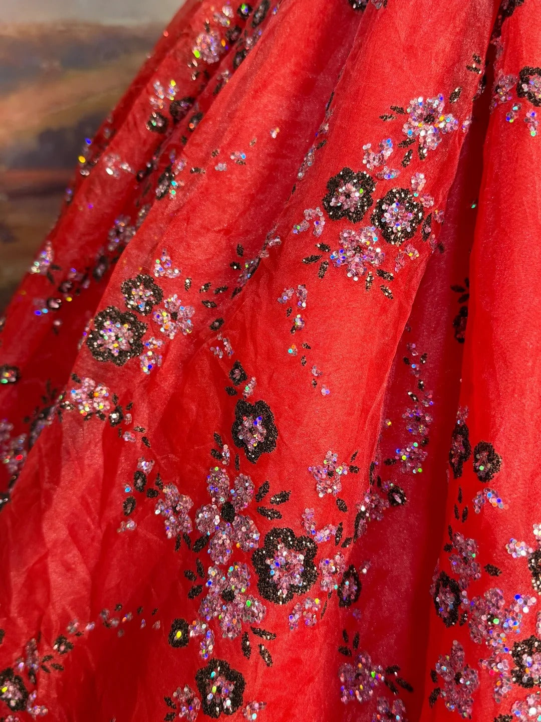 Rotes Vintage-Ballkleid aus Satin mit Blumenmuster und Perlen, lang, nv5144