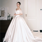 Off Shoulder Ivory Satin Wedding Gown, Tulle Sleeve Bow Corset Ballgown Bridal Dress  NV7391