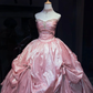 Strapless Shimmer Pink Prom Dress Vintage Satin Ruched Rhinestone Bow Ball Gown  NV7053