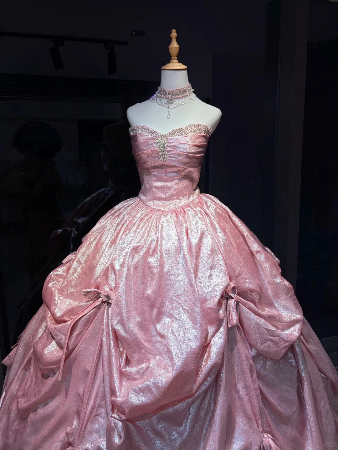 Strapless Shimmer Pink Prom Dress Vintage Satin Ruched Rhinestone Bow Ball Gown  NV7053