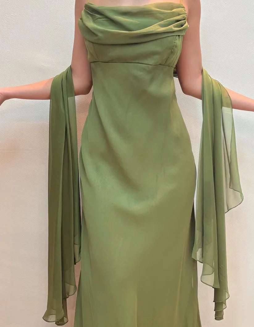 NiceVestidos -- Ärmelloses, bodenlanges Abendkleid aus lila/olivgrünem Chiffon im Feenstil NV5776