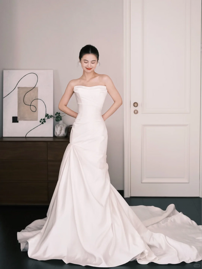 Strapless Satin Mermaid Wedding Dress Long Train Bridal Gown  NV7217