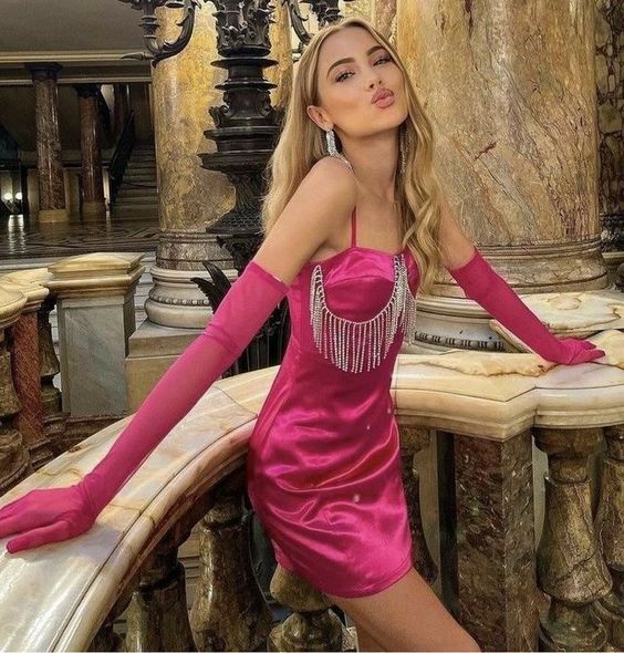 Robe de soirée courte et fine Barbie rose à la mode, robe de soirée, robe de soirée, robe de soirée, avec chaîne et gants, nv2355