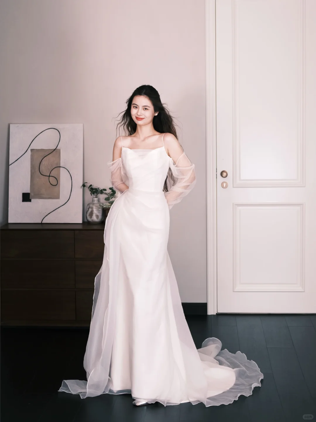 Detachable Tulle Sleeve Mermaid Wedding Dress Square Neck  NV7323
