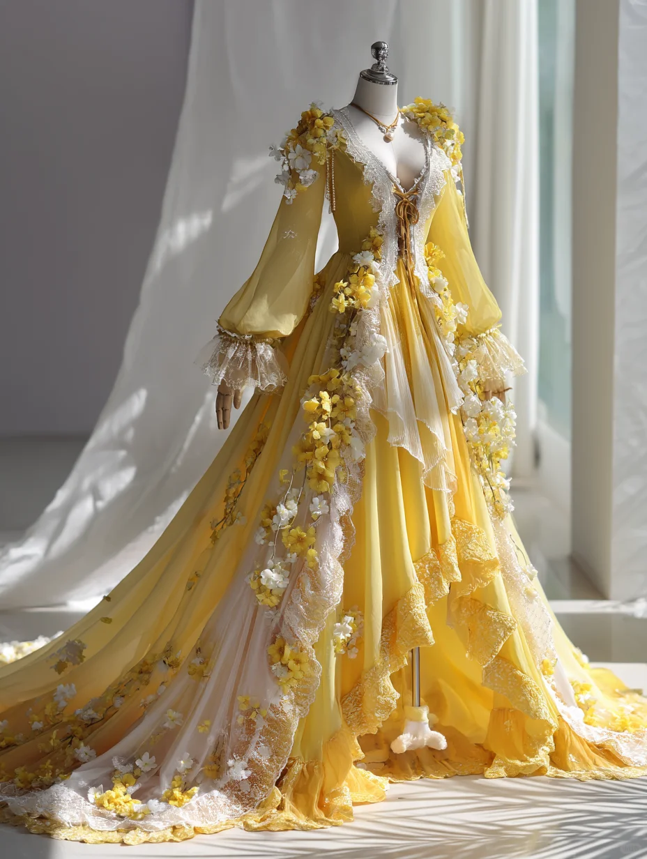 Bright Yellow 3D Floral Lace Ball Gown with Puff Sleeve and Long Train  NV7485
