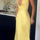 Yellow Satin Lace-up Halter V-neck Bodycon Evening Gown Prom Dress Party Dress nv1934