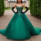 Robe de bal NiceVestidos - Vert émeraude, en tulle, sans bretelles, ornée de perles, avec traîne au sol NV6168