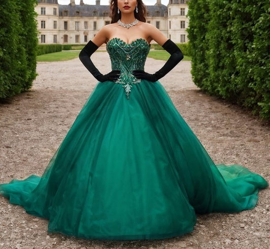 NiceVestidos-Emerald Green Tulle Beaded Strapless Sleeveless Floor-Length Train Ball Gown NV6168