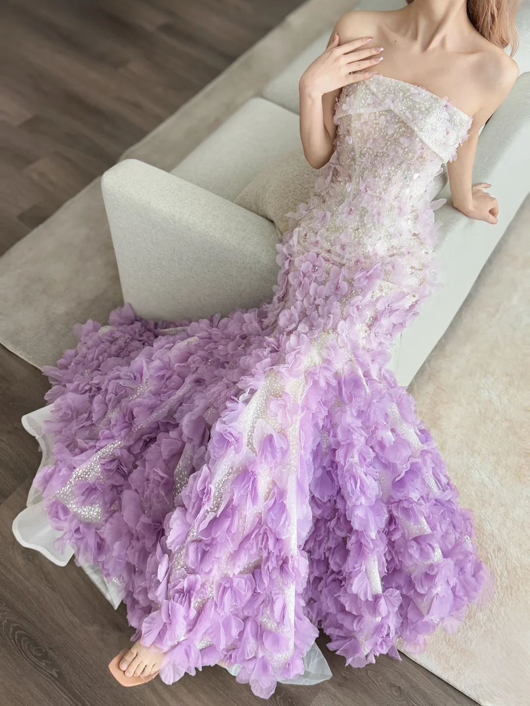 Lavender Ombre Strapless Mermaid Prom Dress 3D Flower Petal Train  NV7140
