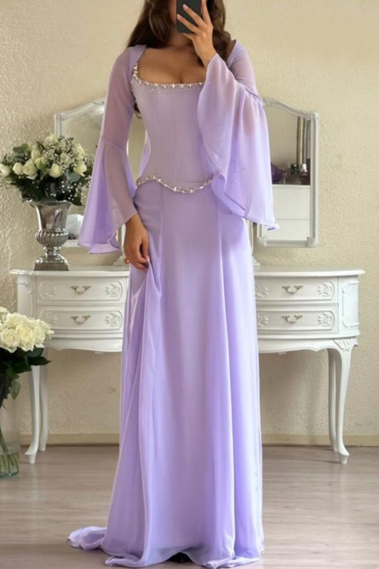 NiceVestidos--Dreamy Goddess Style Lavender Chiffon Long Flared Sleeve Extra-Long Evening Dress NV5795