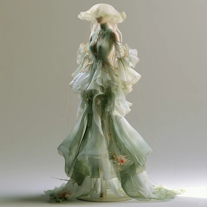 Light Sage Green Oriental Jellyfish Organza Gown with Mock Neck and Detachable Ruffle Sleeves  NV7493
