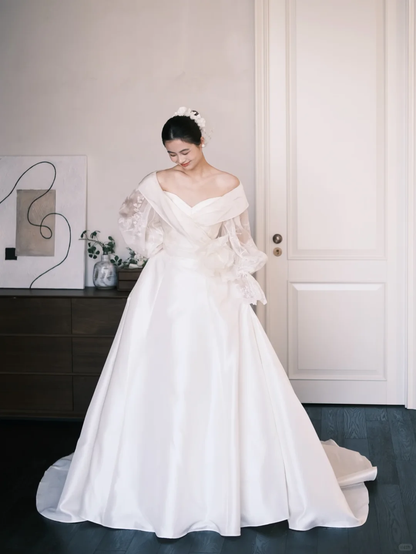 Off Shoulder Fold Satin Ballgown Wedding Dress with Lace Puff Sleeves  NV7368