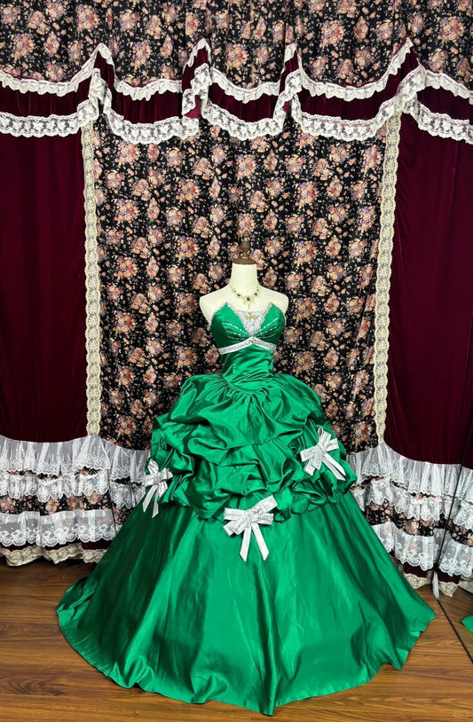 Green shiny beaded bow long satin ball gown evening dress quinceanera dress nv4645