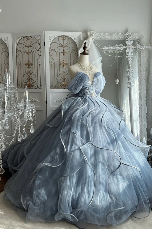 Princess Core Trend Ballkleid in Nebelblau: Puffärmel &amp; Perlenapplikationen NV6841