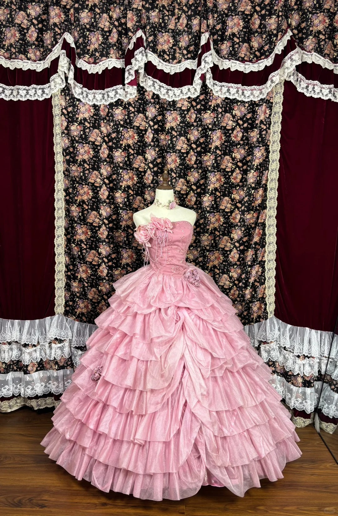 Robe de soirée longue en tulle perlé à fleurs roses, robe de bal, robe de quinceanera nv4646