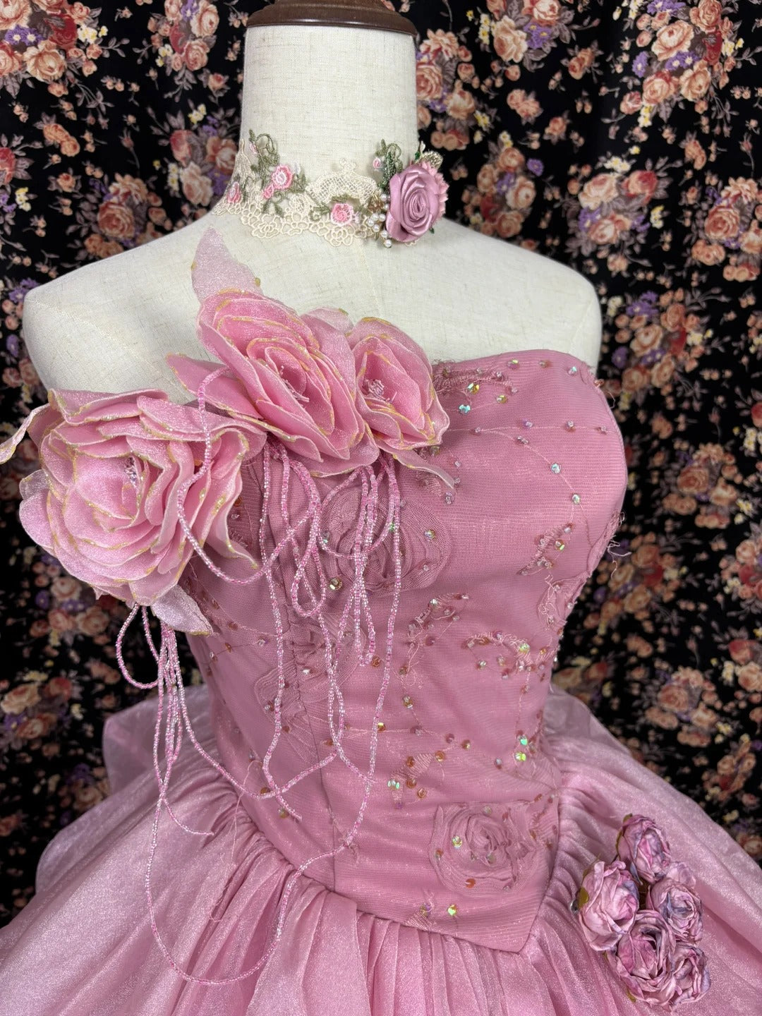 Robe de soirée longue en tulle perlé à fleurs roses, robe de bal, robe de quinceanera nv4646