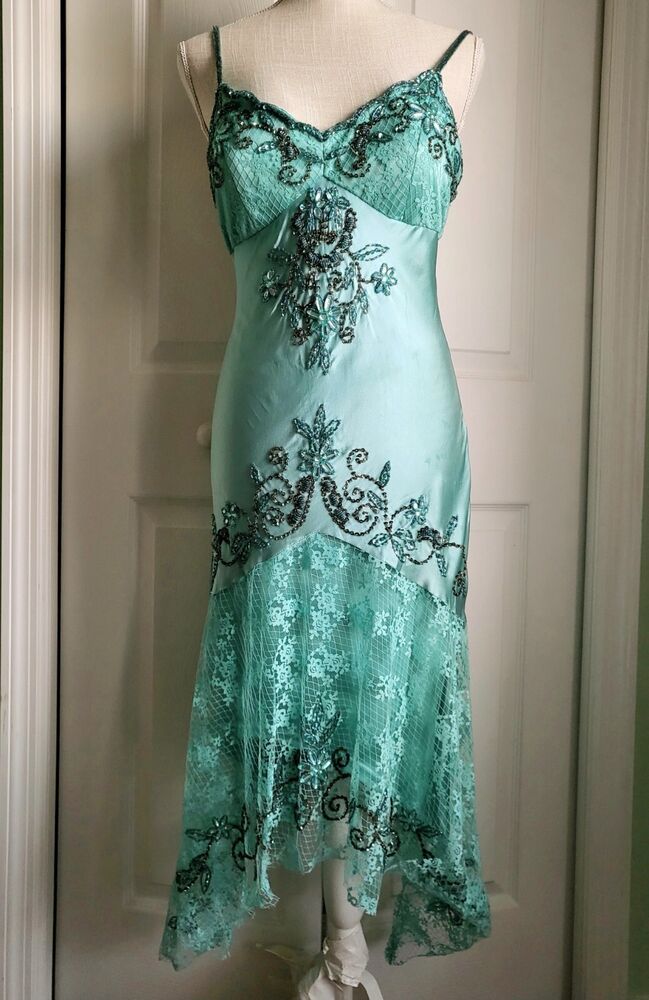 Blue Vintage Exquisite Beaded Lace Spaghetti Strap Long Prom Gown Evening Dress Party Dress nv3540