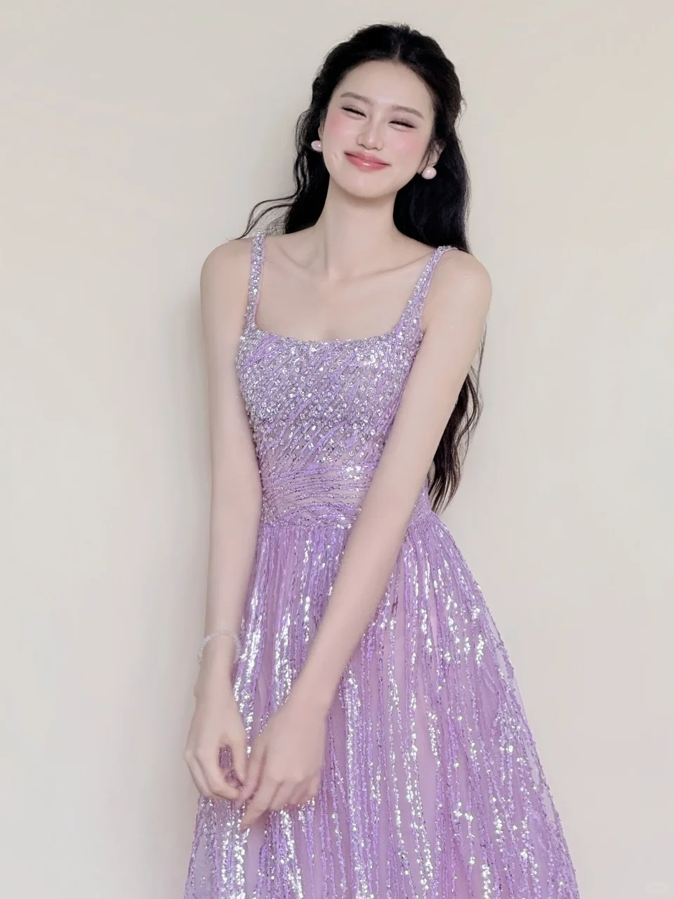 Lavender Square Neck Wide Strap Sequin A-Line Evening Gown  NV7426