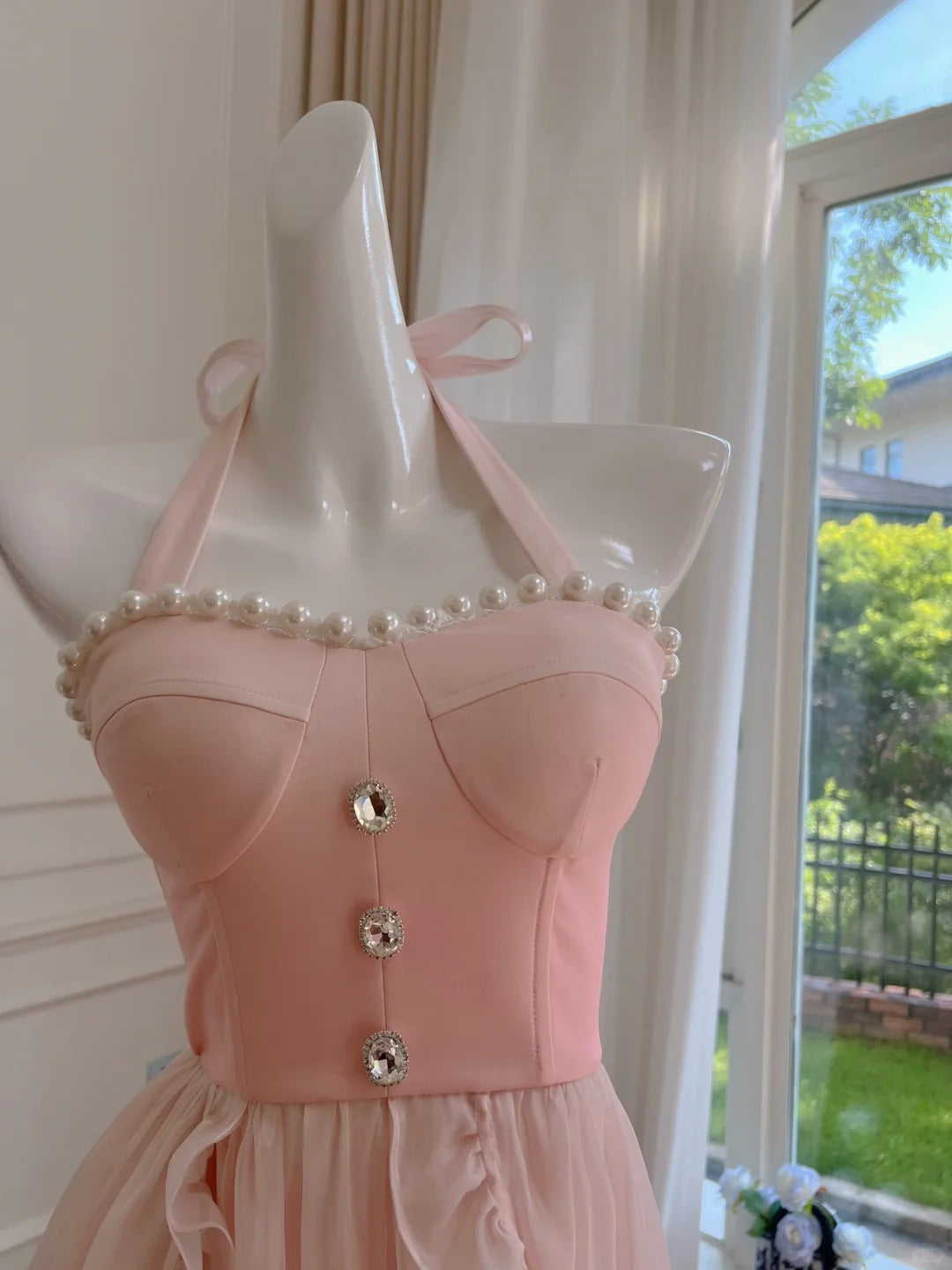 Pink Sweet Elegant Exquisite Beaded Long Chiffon Homecoming Dress Prom Dress Evening Dress Party Dress nv4154