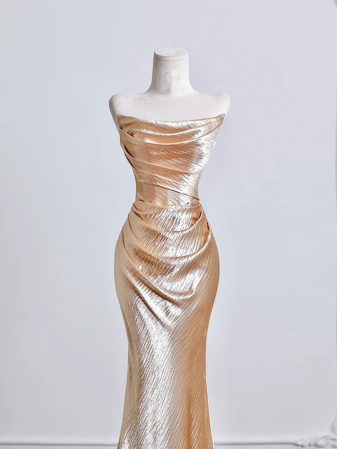 Champagne Gold Elegant Long Satin Prom Dress Evening Dress Party Dress nv4949