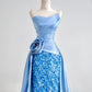Blue shiny sequins long satin floor-length ball gown evening gown graduation dress nv5104