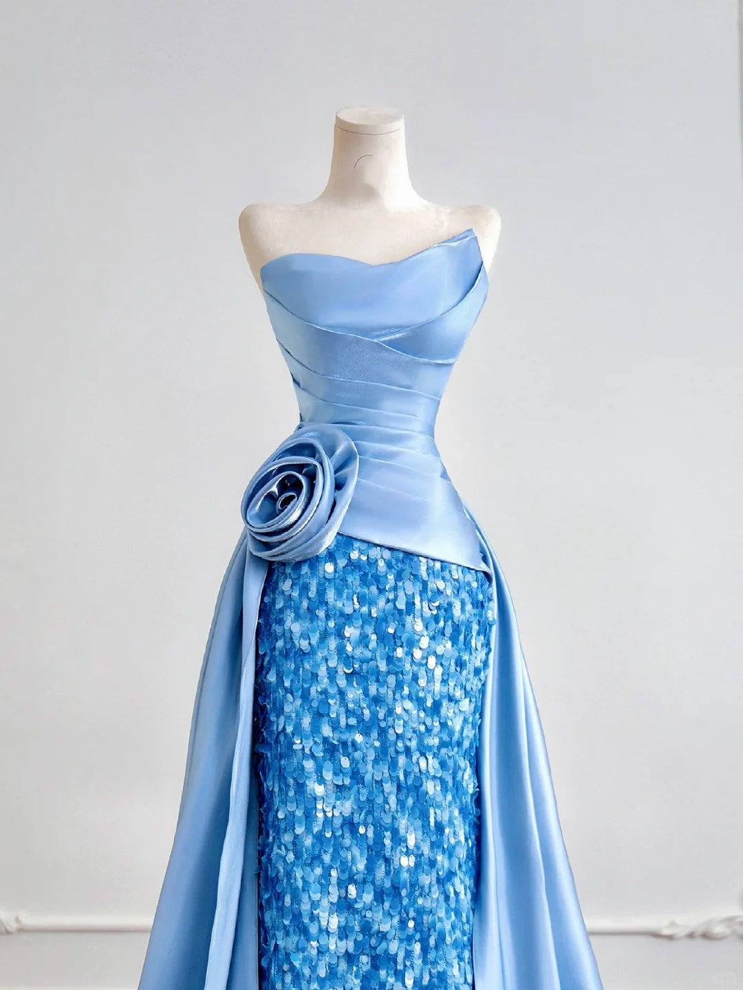 Blue shiny sequins long satin floor-length ball gown evening gown graduation dress nv5104