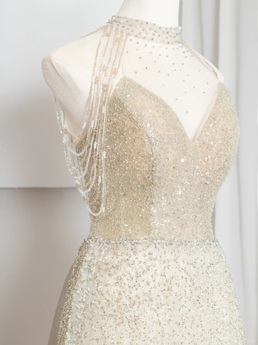 Robe de soirée longue en tulle, élégante et brillante, couleur champagne doré, robe de bal, robe de soirée, nv4753