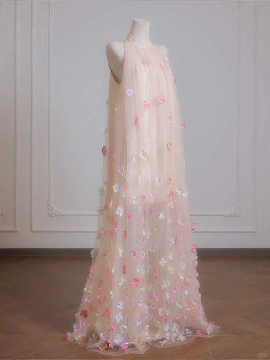 Robe de soirée longue en tulle rose à fleurs, élégante, nv4955