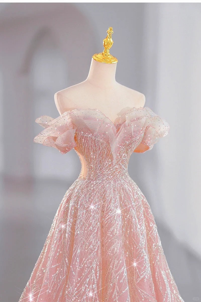 Rosa funkelndes elegantes langes Ballkleid aus Tüll, nv4227