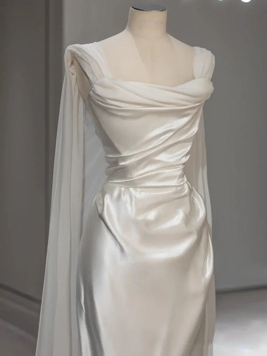 Robe de mariée en satin blanc à volants et bretelles, robe de soirée élégante, robe de bal, robe de soirée nv1846
