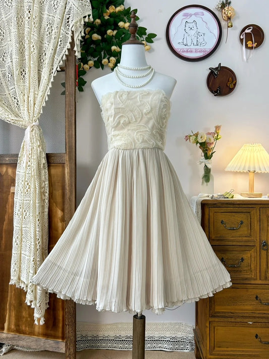 Cream Yellow Short Lace Chiffon Vintage Princess Homecoming Dress Birthday Party Dress nv4708